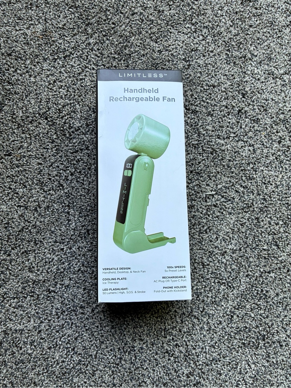 New in Box Limitless Handheld Rechargeable Fan in Green
